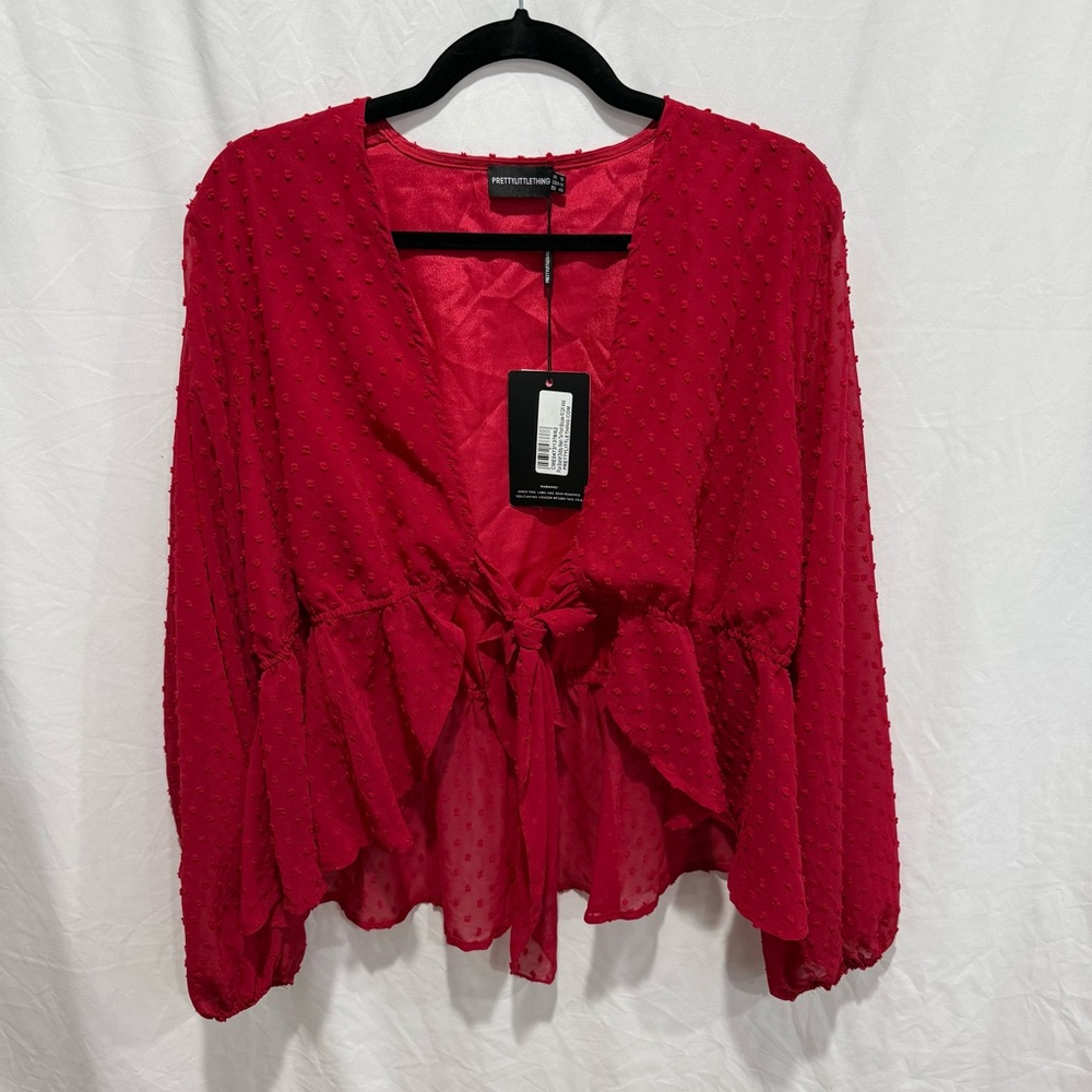 PrettyLittleThing Dobby Mesh Tie Front Peplum Blouse Long Sleeve Sheer Top 14